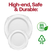 White round dinner plates with fancy silver detailing, made from durable plastic, BPA-free and disposable