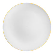 White round disposable dinner plates with a decorative gold rim and organic shape