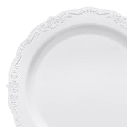 White round disposable plastic appetizer plates with an elegant vintage design