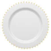 White round disposable plastic dinner plates with a gold pearl string rim