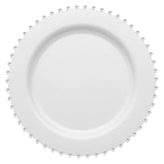 White round disposable plastic dinner plates with a silver pearl string rim