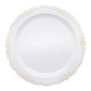 White round disposable plastic dinner plates with an elegant gold vintage rim
