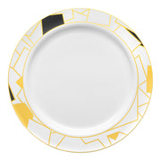 White round disposable plastic dinner plates with black and gold abstract squares pattern