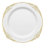 White round disposable plastic dinner plates with elegant gold detailing
