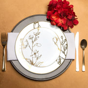 White round disposable plastic dinner plates with gold antique floral designs, 10.25-inch diameter, ideal for elegant events