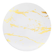 White round disposable plastic dinner plates with gold marble stroke detailing