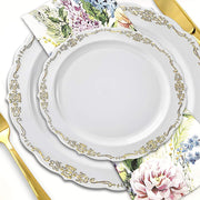 White round disposable plastic plates with a chic gold vintage-style rim, 10-inch size, perfect for elegant dining setups