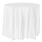 White round disposable plastic tablecloth measuring 84 inches, ideal for parties and large events, sold in a case of 96.