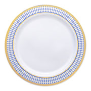 White round plastic appetizer and salad plates with a blue and gold chord rim design