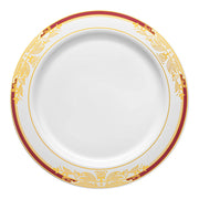 White round plastic appetizer and salad plates with a burgundy and gold harmony rim design