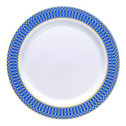 White round plastic appetizer and salad plates with a gold spiral on a blue rim