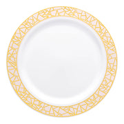 White round plastic appetizer plate with a pink and gold mosaic rim design