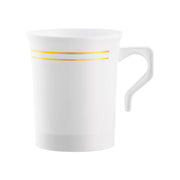 White round plastic coffee mugs with a gold edge rim, 8 oz capacity, sold in a pack of 120