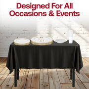 White round plastic dinner and salad plates with fancy gold rims plus 5 oz dessert bowls with gold edge for stylish table settings.
