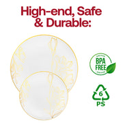 White round plastic dinner plates featuring a gold antique floral design, 10.25-inch diameter, disposable and BPA-free