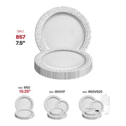 White round plastic salad and appetizer plates with a silver hammered rim, 7.5-inch diameter, disposable, pack of 120