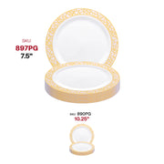 White round plate with pink and gold accents, ideal for serving appetizers and salads at weddings