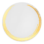 White salad plates with a shimmering gold moonlight accent, round plastic design