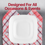 White square plates used at a corporate luncheon, ideal for both upscale and everyday occasions