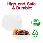 White square serving bowl measuring 9.75 inches by 9.75 inches with a 4.5-inch height and bottom dimensions of 4.5 inches by 4.5 inches