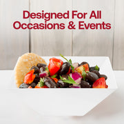 White square serving bowl used at a wedding reception, elegantly showcasing a fresh salad, designed for all occasions and events
