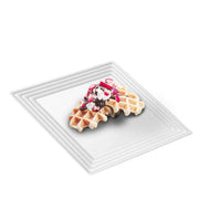 White square serving tray (SKU 7915) shown alongside clear and black versions, showcasing color options for versatile event styling