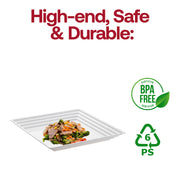 White square tray at a buffet, holding a colorful vegetable and grain salad, perfect for healthy gatherings