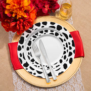 White with Black Dalmatian Spots Round Disposable Plastic Wedding Value Set, SKU 950BGVS20, includes 10" dinner plates, 7.5" appetizer plates, 7.25" forks, 8" knives, 6.25" spoons, and 4.5" cups