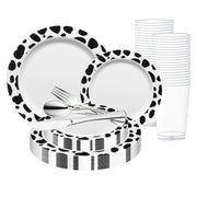 White with Black Dalmatian Spots Round Disposable Plastic Wedding Value Set with silver cutlery, offering a fun yet sophisticated design that adds a unique flair to your event