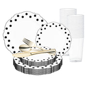 White with Black Dots Round Blossom Disposable Plastic Wedding Value Set with gold cutlery, featuring an exquisite design of playful black dots complemented by elegant gold cutlery, the perfect choice for stylish and refined events