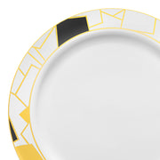 White with Black and Gold Abstract Squares Pattern Round Disposable Plastic Dinner Plates