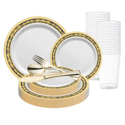 White with Black and Gold Royal Rim Plastic Wedding Value Set brings striking elegance to formal weddings and events