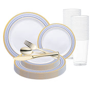 White with Blue and Gold Chord Rim Plastic Wedding Value Set with gold cutlery adds elegance to weddings and events