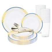 White with Blue and Gold Harmony Rim Plastic Wedding Value Set with gold cutlery brings elegance to events
