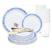 White with Blue and Silver Royal Rim Plastic Wedding Value Set with silver cutlery adds regal elegance to events