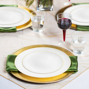 White with Gold Antique Floral Plastic Grand Wedding Value Set, SKU 930WHGGWVS50, includes 10" dinner plates, 7.5" appetizer plates, 7.25" forks, 8" knives, 6.25" spoons, and 4.5" cups