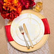White with Gold Antique Floral Round Disposable Plastic Wedding Value Set, SKU 920WHGVS20, includes 10.25" dinner plates, 7.5" appetizer plates, 7.25" forks, 8" knives, 6.25" spoons, and 4.5" cups
