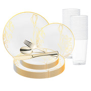 White with Gold Antique Floral Round Disposable Plastic Wedding Value Set, featuring a delicate white design adorned with antique floral details and gold rims, bringing a touch of vintage elegance to your event