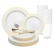 White with Gold Edge Rim Plastic Wedding Value Set with gold cutlery brings classic luxury to weddings and grand celebrations