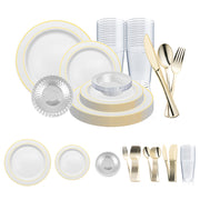 White with Gold Edge Rim Plastic Wedding Value Set with gold cutlery, combining a classic white design with a luxurious gold-edged rim for an elegant and stylish table setting
