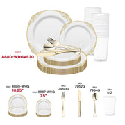 White with Gold Fancy Round plates styled at a luxurious wedding table, ideal for chic receptions and high-end celebrations.