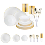White with Gold Organic Disposable Plastic Tableware Set with gold cutlery offers timeless sophistication for grand celebrations