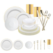 White with Gold Pearl String Plastic Tableware Set elegantly displayed for a luxurious wedding presentation.
