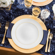 White with Gold Rim Organic Round Disposable Plastic Wedding Value Set, SKU 930WHGVS20, includes 10.25" dinner plates, 7.5" appetizer plates, 7.25" forks, 8" knives, 6.25" spoons, and 4.5" cups