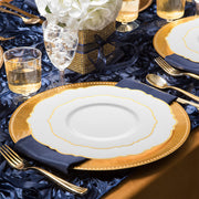 White with Gold Rim Round Blossom Disposable Plastic Wedding Value Set, SKU 4840WHG-VS20, includes 10" dinner plates, 7.5" appetizer plates, 7.25" forks, 8" knives, 6.25" spoons, and 4.5" cups