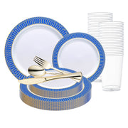 White with Gold Spiral on Blue Rim Plastic Wedding Value Set adds a vibrant, elegant touch to event tables
