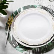 White with Gold Vintage Rim Plates served elegant meals at a wedding with classic décor and floral centerpieces.