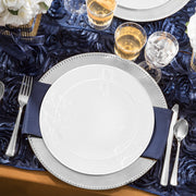 White with Silver Antique Floral Round Disposable Plastic Wedding Value Set, SKU 920WHSVS20, includes 10.25" dinner plates, 7.5" appetizer plates, 7.25" forks, 8" knives, 6.25" spoons, and 4.5" cups