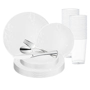 White with Silver Antique Floral Round Disposable Plastic Wedding Value Set with silver cutlery, featuring a delicate floral design with a silver rim, adding vintage elegance to your celebration