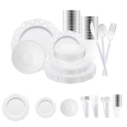 White with Silver Blossom Dots Disposable Plastic Tableware Set with silver cutlery brings modern charm to elegant events